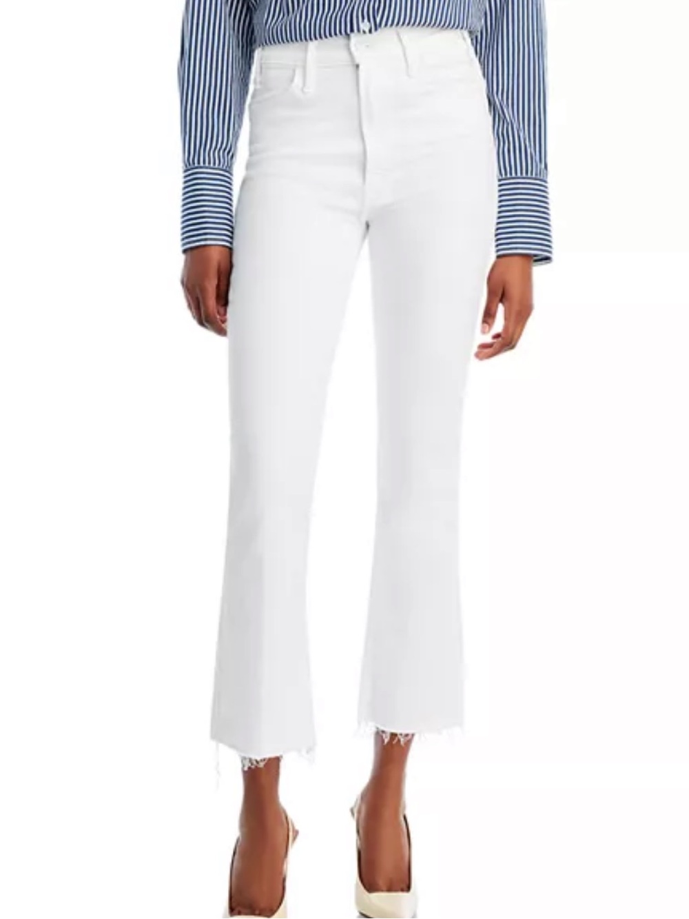 Mother The Hustler Ankle Fray High-Rise White Cropped Flare Jeans